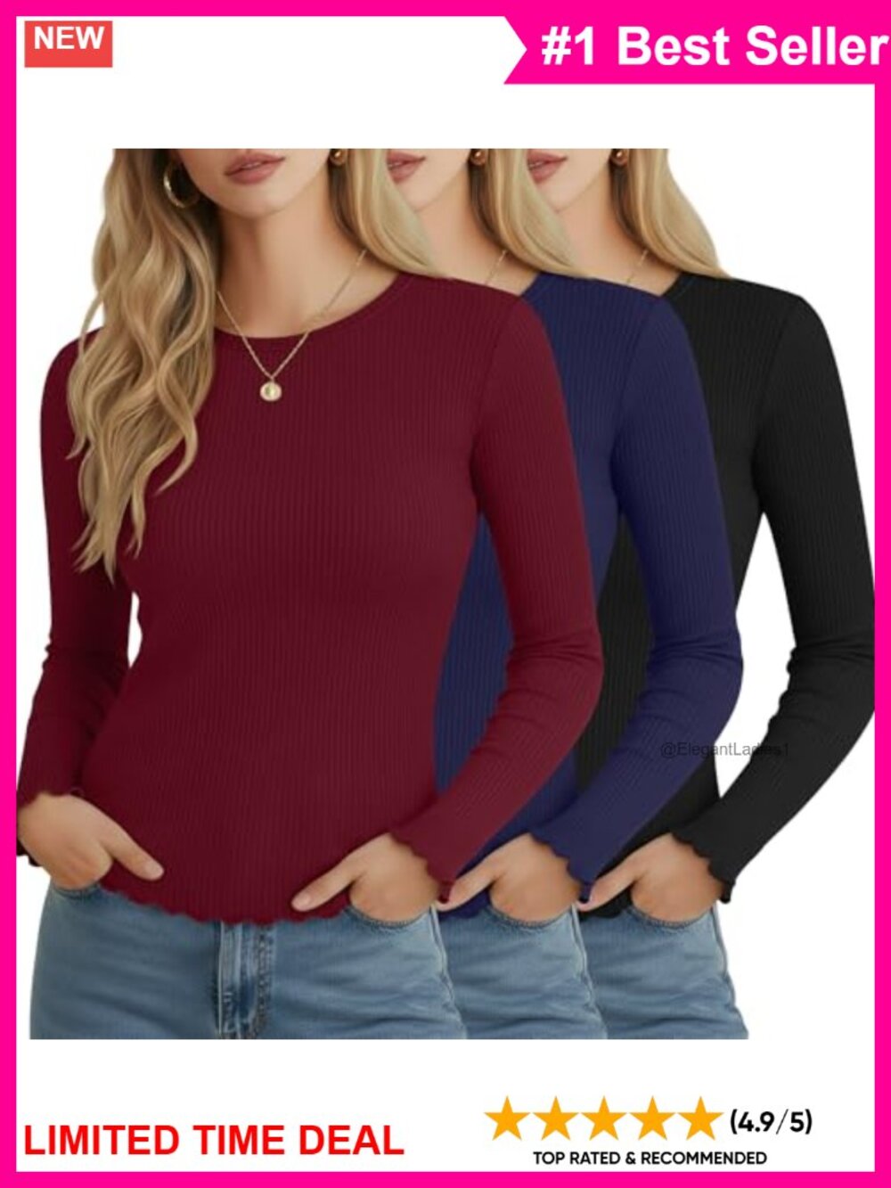 3 Pack Women's Cotton Ribbed Knit Long Sleeve Shirts Lettuce Trim Slim Fit Crew